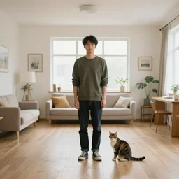 a full body portrait of a man and a cat in a wide room. the cat is 1 meter to the right of the man