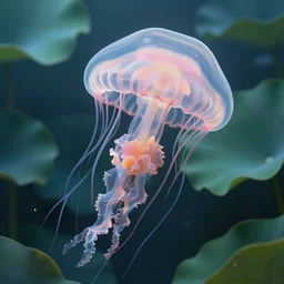 lotus swimming underwater like a jellyfish, transperent jellyfish head covers the flower, leaves as tentacles, photographic, cinematic, photorealistic, volumetric lighting, detailed, smooth, artstation, octane render, wolp