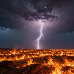enormous creature in the fiery plains during a thunderstorm, seen from a distance, rtx on