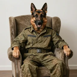 a german shepherd beast - man, wearing military outfit, sitting on an armchair