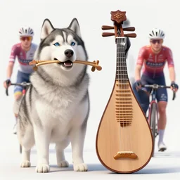 fat husky next to a lute, holding a lute in its mouth victo ngai, kilian eng, lois van baarle,