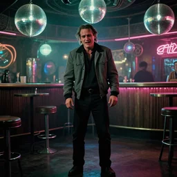 the full - body shot of crying unkempt drunkard brawler joaquin phoenix with sideburns worn in grey jacket in steampunk disco bar, still shot from withnail & i movie with cinematography of christopher doyle, frostpunk, neon light, discoball light, anamorphic, optical flares, kodak film, sharp focus, 8 k