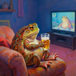 hyper realistic oil painting of toad watching a movie chill on the couch and drink beer, long room, depth of field, vibrant colors, high contrast, by greg rutkowski, trending on artstation, caricaturist