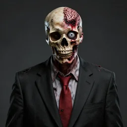 highly detailed zombie with half his head brain out of the skull one falling eye no jaw dirty shredded clothes black suit red tie, highly detailed, centered, realism, provided by unreal engine, artstation, art, ( ( 1 9 3 0's photography ) ), kodak, canon