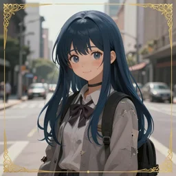 urban school zombie girl in tattered clothes with a city street of Buenos aires in the background, dark blue long hair, muted colors, matte print, pastel colors, ornate, digital art, cute smile, digital painting, fan art, elegant, pixiv, by Ilya Kuvshinov, by Studio Ghibli