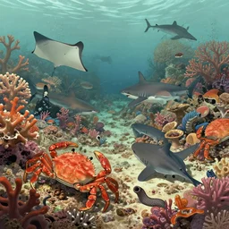 frantic and bewildering coral reef, crab, ray, shark, eel, sharp focus, wide view, smooth, digital illustration, by james jean, by rossdraws, frank franzzeta, mcbess, sakimichan, brosmind, muted colors