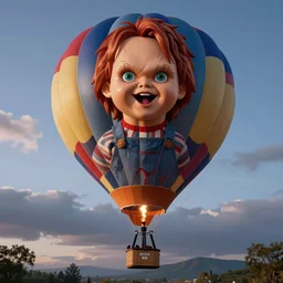 a hot air balloon that looks like a screaming chucky doll octane render