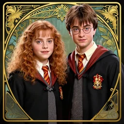 hermoine granger and harry potter, art nouveau, by rachel ruysch and lisa frank, 8 k, sharp focus, octane render