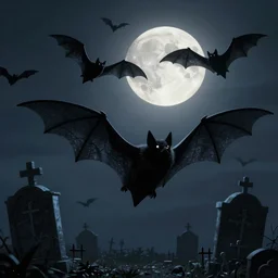 a few large black bats flying in the night sky, one single full moon, cemetery, fantasy art, concept art by greg rutkowski, trending on artstation