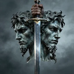 Portrait, Reflection of Perseus\' face on the sword, courage and madness, scary, epic