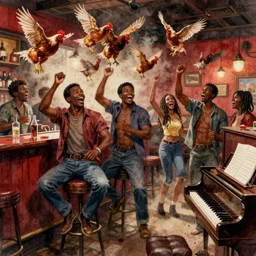 a rowdy watercolor of happy black gatecrashers in a deep south redneck bar, barstool and chickens flying through air, dust clouds, smooth, sharp focus, piano, ultrarealistic, art by dean cornwell and howard finster, paint splatters, artstation, octane render, low contrast, cinematic, dynamic volumetric lighting by delphin enjolras