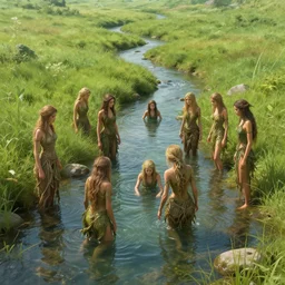 beautiful digital fantasy illustration of A woody green field with a stream running through it, with a group of dryad women standing in the water. They seem to be preparing to submerge themselves in the cool, clear waters of the stream. cgsociety, fantasy art, highly detailed, soft lighting, rendered in octane, masterpiece, very very very aesthetic