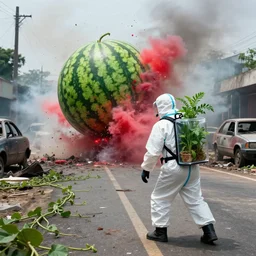 a photo of a man wearing a hazmat suit, on his back is a small plant encased in a clear glass backpack, examine the giant watermelon that explode on the road, smoke in the background, filthy streets, broken cars, post apocalyptic. Vines growing. Jpeg artifacts. Full-color photo. Color color color color color. Award-winning photo. OM system 12–40mm PRO II 40mm, 1/100 sec, f/2 8, ISO 800
