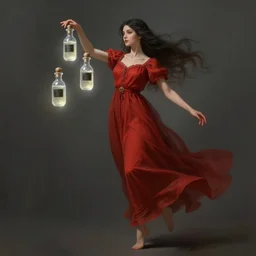 a nice 4 0 years old woman in a long reddish long dress make levitate three precious little transparent bottle filled with a magic ivory white liquid and with a black sticker on it, fantasy, intricate, elegant, highly detailed, digital painting, artstation, concept art, matte, sharp focus, illustration, art by aenaluck, artgerm and roberto ferri and greg rutkowski, epic fantasy, digital painting