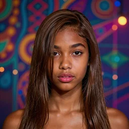 colorful and festive captivating teenager with straight brown hair covering his eye, dark skin, big lips, big eyes, shirtless. rich vivid colors, ambient lighting, dynamic lighting, 4 k, atmospheric lighting, painted, intricate, highly detailed by charlie bowater