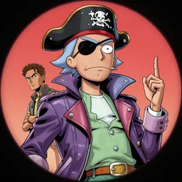 hyper detailed comic illustration of a cyberpunk President Evil!!! Morty!!! wearing a pirate eye patch and a gorpcore!!! jacket, by Josan Gonzalez and Geof Darrow, intricate details, vibrant, solid background, low angle fish eye lens