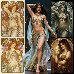 Character concept and fashion spot illustrations from Xena Warrior Princess and Final Fantasy 13 and Asian Belly Dance mashup, full-body, bloom, dynamic poses, diaphanous cloth, intricate crystalline and feather jewelry, ornate, filigree, arcane, cinematic lighting, by Alphonse Mucha, by Artgerm, by Bouguereau, by Sakimichan, fantasy, portfolio illustration, highly detailed, trending on Artstation, CGsociety, HQ, 8k, 35mm lens, f2.8, Bokeh,