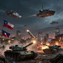 alien invasion of santiago de chile, lights, high detail, ships in the sky, tank missiles, peace flags
