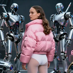 beautiful portrait, natalie portman, back facing, wearing oversized pink puffy bomber jacket and white leotard, futuristic chrome drones, ultra realistic, dramatic lighting, robots, tron legacy artifacts, highly detailed by peter mohrbacher, wayne barlowe, boris vallejo, aaron horkey, gaston bussiere, craig mullins