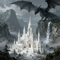 An elven city of white sitting in a mountain valley, waterfalls cascade down nearby cliffs, A black dragon casts a shadow from a above onto the elven architecture. Fantasy art by Alan Lee.
