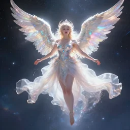 Winged Goddess in a fancy dress floating in space, ethereal fantasy, auroracore aesthetic, light bright fantasy, detailed, intricate, dynamic posing, trending on artstation