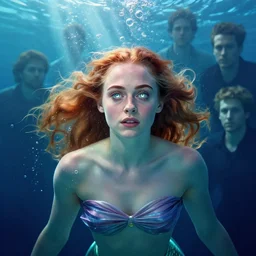 sophie turner as the little mermaid underwater by Gil Elvgren Stanley Artgerm Lau, WLOP, James Jean, Andrei Riabovitchev, Marc Simonetti, Yoshitaka Amano, ArtStation, CGSociety, hair floating covering chest, bubbles vfx, cinematic lighting, god ray, starlit shining eyes