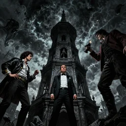 george costanza ascends a tower in filipino hell, extreme wide shot, low angle, by austin osman spare, caravaggio, junji ito, chiaroscuro, dramatic