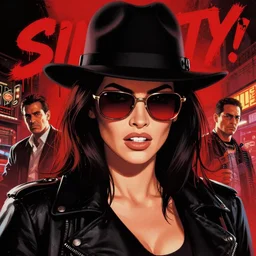 dream of a film still from sin city, closeup portrait of film noir angry megan fox private detective wearing a hat and red sunglasses, china town, detailed illustration, digital art, trending on artstation, frank miller, martin ansin, action movie poster, dripping paint, red on black, patrick nagel!, graffiti, gta v,
