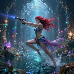 Long Shot of psychodelic Sonya Blade in mysterious astral temple  jumpin with pistol in river of chromatic SPIRITS , beautiful, dmt, trending on artstation, omnious, soft, hypermaximalistic, high details, cinematic, 8k resolution, artwork by Wong, Liam