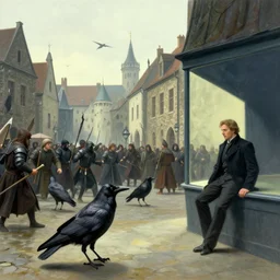 a battle of crows in a medieval city, hyperrealistic film still by edward hopper, by gottfried helnwein, by klimt, by paolo uccello, art nouveau, highly detailed, strong lights, liminal, eerie, metaphysical, bright pastel colors,
