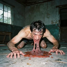 disposable camera, flash, pov, old abandoned house, human male creature, crawling, meat, ooze, slime, veins, wet, photorealistic, octane render