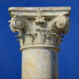 achingly beautiful painting of intricate ancient roman corinthian capital on sapphire background by rene magritte, monet, and turner. giovanni battista piranesi.