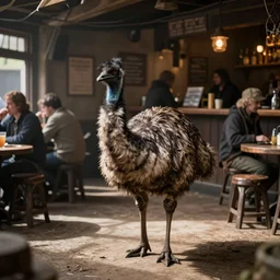 an emu in the middle of a crowded halfling tavern