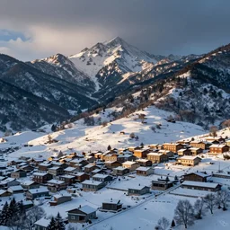 a snowy village on a mountain
