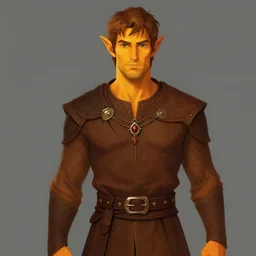 tall, buff handsome elf with short brown hair. He wears fine brown noble clothes. His skin is a vibrant orange yellow. by craig mullins, featured on artstation