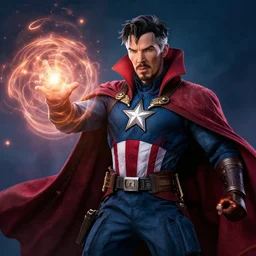 digital art of captain america in doctor strange outfit doing magic, octane render, nvidia, highly detailed, concept art, illustration, cinematic