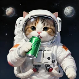 digital painting of an astronaut cat drinking a can of green radioactive soda in the middle of the space