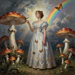 Inspired Tom Bagshaw, ultra realist soft paint of a curiosity carnival with mushrooms and butterflies, beautiful old female in full long dress, focus, very intricate details, ominous sky, rainbow lighting, volumetric clouds, god rays
