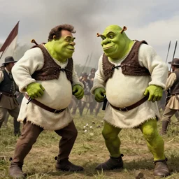 jerry seinfeld and bryan cranston in the civil war dressed up like shrek on the battlefield, old timey combat photography combat art by stuart brown 8 k hyperrealism