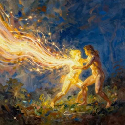 a bright energy stream flowing left to right. it flows through a figure in the center who struggles for control. | painting by craig mullins. the composition and color are different on the left and right sides