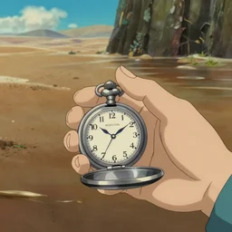 realistic interior shot from howls moving castle ( 2 0 0 4 ) a hand holding a reflective silver pocket watch. flooded desert. cartoon depth of field.