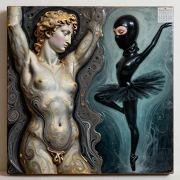 two beautiful female body carved sculpture with golden edges, photgraphy by amy leibowitz, voronoi pattern melting, abstract swirly art, curly fluid, beautiful marbling acrylic fluid portrait, renaissance painting by michaelangelo, matte fresco, black latex female balaclava, female calendar, ballerina body covered with black latex, underwater, concept art, melting glass, close up portrait, cinematic still, film still, kandinski, fashion portrait, black colors, sketch