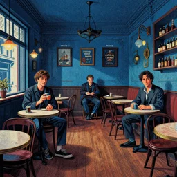illustrated portrait of a victorian cafe interior, colorful, ( ( mads berg ) ), christopher balaskas, ( ( victo ngai ) ), rich grainy texture, detailed, dynamic composition, wide angle, blue filter, ( ( stippled shadow ) ), high contrast, dark tint