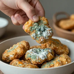 rotten human hand picking up a moldy, rotten, green chicken nugget in a bowl of chicken nuggets, hd, 4k image