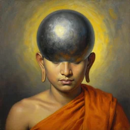 surreal detail potrait of sri lankan 8 0's buddhist monk head replaced with metal sphere as head,, painting by james jean, craig mullins, j. c. leyendecker, lights, art by ernst haeckel, john william godward, hammershøi