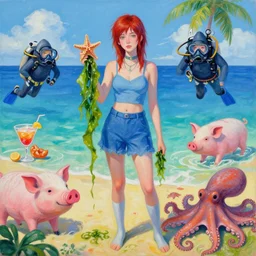 tall emo female artist holding seaweed and a starfish in okinawa, summer, cocktails scuba, pigs, octopus, acrylic on canvas, surrealist, by magritte and monet