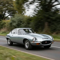 street photography by saul leiter, award winning photo of an ultra detailed high quality!! jaguar e - type!! car speeding very fast along an english country road, fast shutter speed, motion blur, tiny gaussian blur, highly detailed, highly intricate, depth of field, trending on top gear, car magazine, full car body, wide angle lens