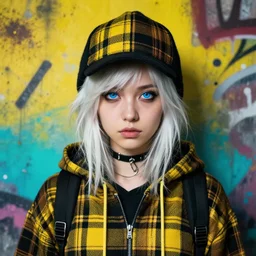 highly detailed portrait of a sewer punk lady student, blue eyes, tartan hoody, hat, white hair by atey ghailan, by greg tocchini, by kaethe butcher, by alex horley, gradient yellow, black, brown and cyan color scheme, grunge aesthetic!!! ( ( graffiti tag wall ) )
