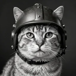 a black and white portrait photo of a cat with a WW2 helmet