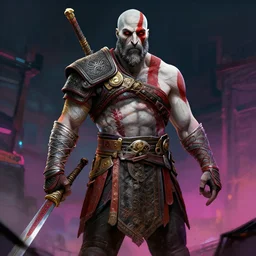 god of war concept art, cyberpunk, colorful,
